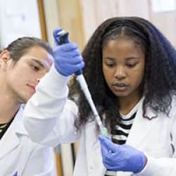 Woman in a lab coat using a a pipette in a science lab. 